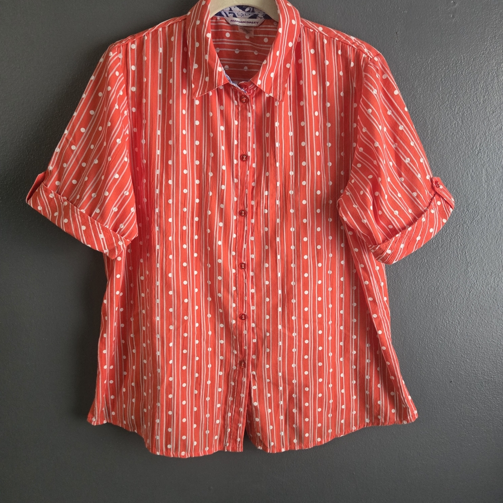 Allison Daley Orange Striped Cuffed Short Sleeve Button Front Polka Dot Blouse